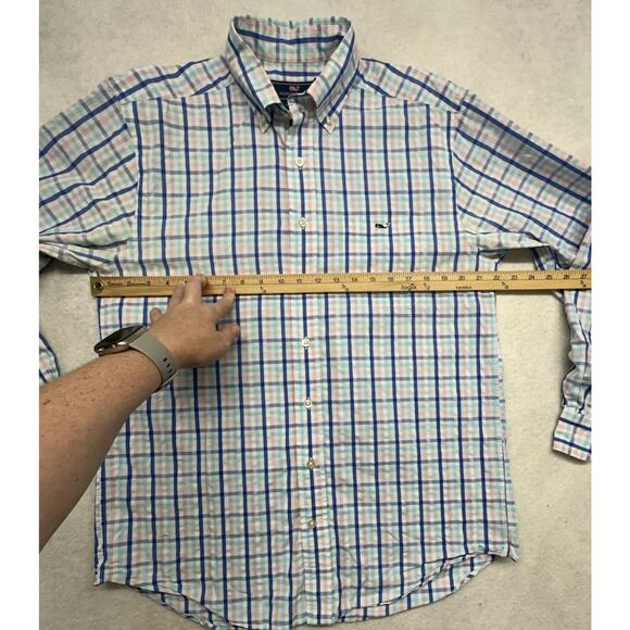Vineyard Vines Mens Medium Button Up Plaid Pink Blue Tucker Shirt 100% Cotton - Picture 5 of 7